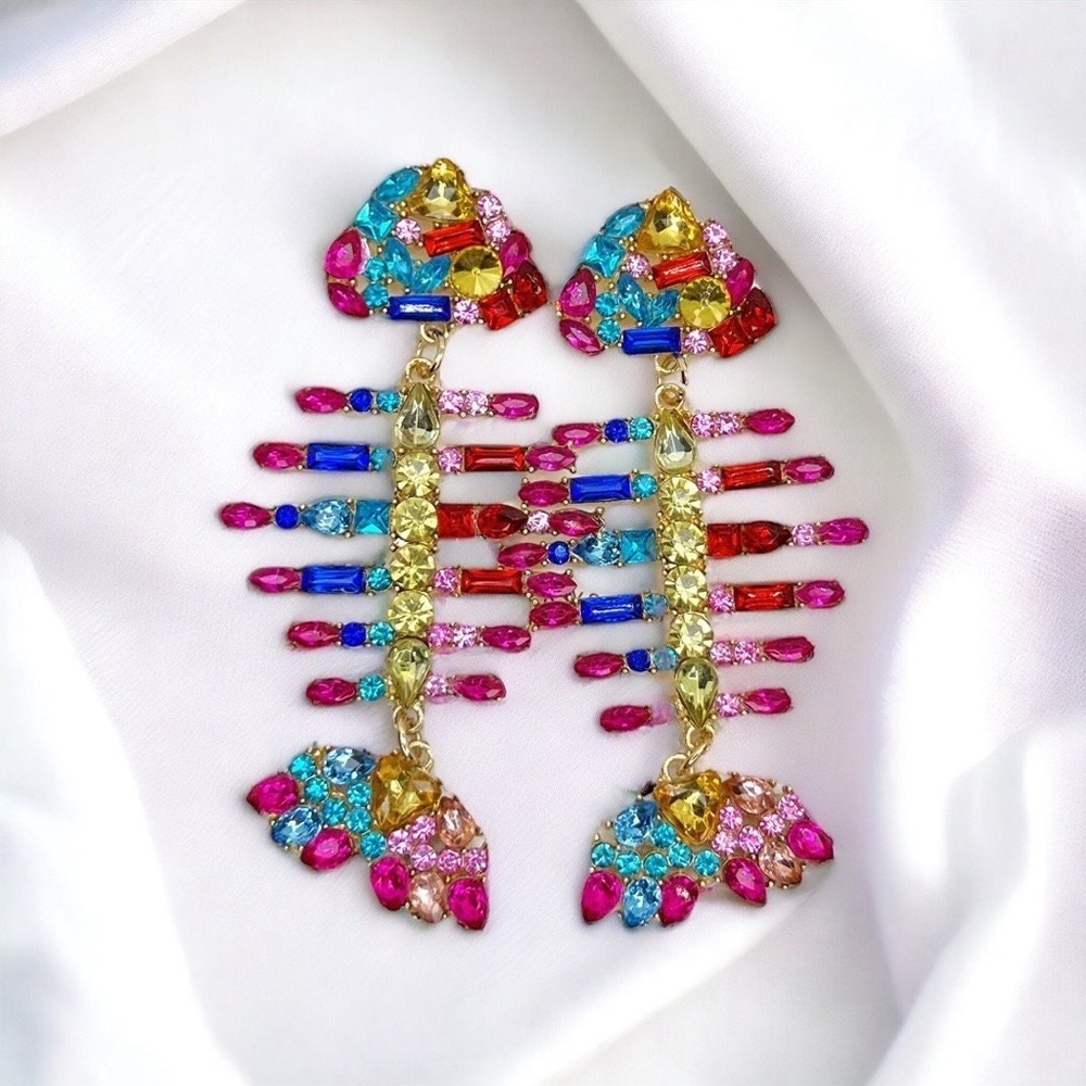 Bright Rainbow Rhinestone Earrings – Fishbone Dangles, Trendy Statement Jewelry